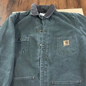 Carhartt Men’s Duck Canvas Field Jacket in Green with Corduroy Collar XL Tall.